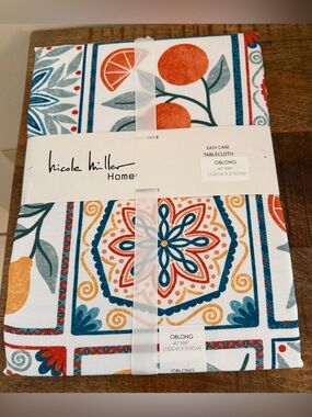 Nicole Miller Home Oblong 60”x84” Tablecloth - Orange & Teal Floral Tile Print